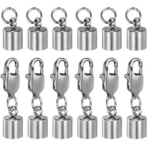 HARFINGTON 6pcs Cord End Cap 6mm ID End Caps Stainless Steel with Lobster Claw Clasp Tail Buckle for DIY Bracelets Necklaces Chokers, Silver Tone