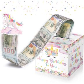 Chiazllta Unicorn Birthday Money Box for Cash Press Diy Surprise Money Roll Fox سحب مجموعة Happy Birthday Money Pox مع بطاقة تحية لاستلوازات زخرفة حفلة عيد ميلاد الفتيات