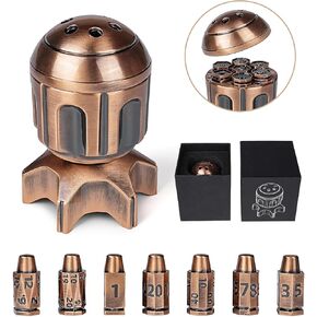 DND Metal Bullet Dice Set 7-Piece, Spinning Missile Container Design, Polyhedral Red Copper Dice for Dungeons & Dragons RPG, MTG Tabletop Games (Role Playing Game Accessories)
