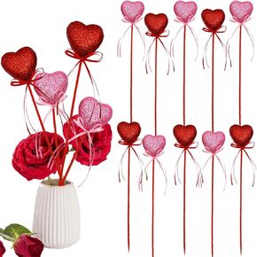 10 Pcs Valentine's Day Glitter Red Pink Puffy Heart Picks Glitter Foam Hearts Picks Stick for Valentine's Day Birthday Flower Bouquet Home Vase Picks Wedding DIY Accessories