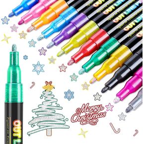 FUMILE 12 Colors Double Line Outline Markers,Glitter Markers for Kid Teens,Self Outline Metallic Markers for Art Supplies,Metallic Glitter Pen Set for Teen Girl.