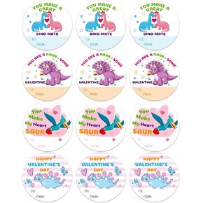 Valentines Stickers - Valentine Gift Tag Stickers- Valentines Labels Stickers for Kids - Dinosaur Happy Valentine's Day Stickers Labels for Envelopes Boxes School Classroom Valentines Decor