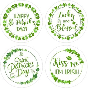 2Inch Round Happy St. Patrick's Day Stickers, Shamrock St. Patrick's Day Label Stickers Round Clover Sticker for Kids Envelopes Seals Gifts Boxes Greeting Cards Party Decor, 200PCS