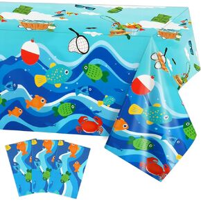3 Pack Gone Fishing Tablecloths for Ofishally One Birthday Decorations, Disposable Plastic Rectangle Little Fisherman Table Cover for Summer Beach Pool Fishing Themed Birthday Party Supplies 51"x87"