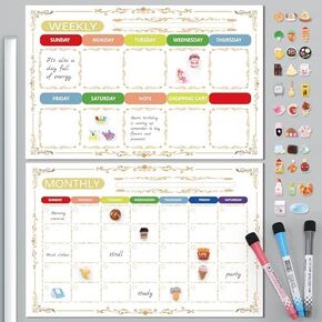 Magnetic Dry Erase Refrigerator Calendar Fridge Whiteboard, Fridge Organization Monthly and Weekly, 44 Creative Magnet Stickers, 3 Markers