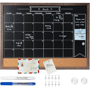 ARCOBIS Chalkboard Calendar with Cork Board, 24x18 Inch Wood Frame Bulletin Board for Wall, Magnetic Chalk Calendar Board with Chalk Markers, Push-Pins and Magnets,Grey
