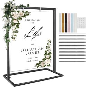 Wedding Sign Stand,Metal Sign Holder with 12 Pair Satin Ribbon & 20 Lock Straps and 20 Glue Points,63 * 31.5 * 14.3 Wedding Sign Holder for Wedding Birthday Party Press Conference Poster
