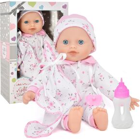 Gift Boutique - 12 Inch Soft Body Baby Doll in Gift Box, Baby Doll with Bottle and Pacifier, Blanket and Pink Floral Clothes