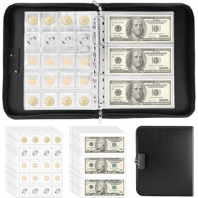 Coin Collection Book Album for Collectors with Lock, 400 Pockets Fireproof Coin Holder Book & 36 Paper Currency Binder Sleeves Supplies, Coin Storage Collecting Organizer for Pennies, Bills, Badges