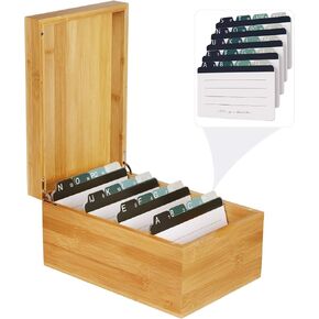 MaxGear Index Card Holder, 4 x 6Inch Wooden Business Card Organizer for Desk with 4 Dividers, Bamboo Index Cards Box with A-Z Tabs Holds 600 Cards for Recipe Flash Storage