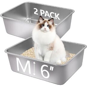 2Pcs Stainless Steel Cat Litter Box, Metal Kitty Litter Box with High Sides, Rust Proof Litter Tray Pan, Pet Toilet for Kitten Rabbit, Non Stick Non Odor, Easy to Clean, 17.5 x 13.5 x 6 in