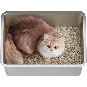 Stainless Steel Cat Litter Box with High Sides Kitty Litter Box for Cats up to 11LB Non-Sticky Metal Litter Pan Indoor Cat Litter Tray Leak-Proof Easy Cleaning 17.6x13.6x6 Inch