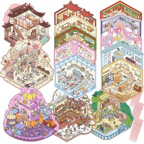 15 Sets DIY 3D House Stickers, Miniature Scene Stickers with Greeting Cards, Cute and Funny Cartoon Sticker Scenes, Make Your Own Stickers