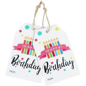 joycraft Happy Birthday Gift Tags with String,100pcs Colorful Candles Birthday Presents,Personalized Paper Tags for Baby Shower,Adult, Boys or Girls Birthday Party Gift Bags（3.3"x2.1"
