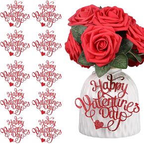 10 Pcs Happy Valentines Day Decorations Centerpieces Valentines Day Red Glitter Cutouts Banner Jar Tags Vase Tags Gift with Burlap Rope for Wedding Anniversary Proposal Decor