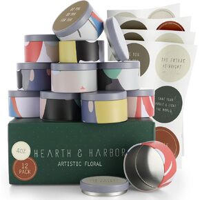 Hearth & Harbor Tin Candle Jars for Making Candles - DIY Candle Containers with Lids - Metal Candle Jars - Bulk Tins Storage for Candle - (24 Pieces) - (4 Ounces) - Artistic Floral