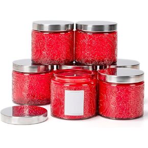 9-Pack 10 oz Sun Moon Star Embossed Glass Candle Jars with Mirror Lids and Labels - Unique Candle Containers with Lids for Candle Making-Red