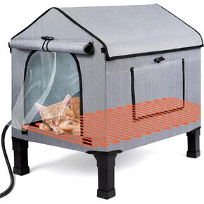 Heated Cat House for Outside, Waterproof Outdoor Cat Shelter with Thermostatic Pet Heating Pad for Winter, Large Elevated Pet Hetaing Bed with Rmoveable Canopy for All Seasons