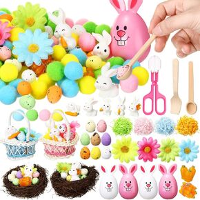 214 Pcs Easter Sensory Bin Filler Fine Motor Toy with 50 Easter Fake Egg 2 Nest 4 Plastic Bunny 20 Fake Daisy 9 Resin Bunny Figurine 120 Pompom 4 Pack of Raffia for Sorting Counting Training