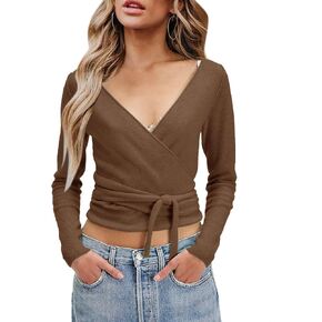 PRETTODAY Women's Wrap Knit Sweater V Neck Tie Front Long Sleeve Casual Pullover Tops