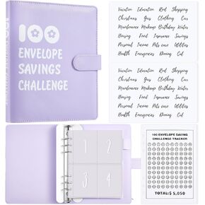 100 Envelope Savings Challenge Kit Challenge Binder A5 Money Saving Book Budget Binder with Cash Envelopes Budget Planner to Save 5, 050, 100 Day Cash Stuffing Budgeting(Purple)