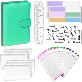 A6 PU Leather Budget Binder Notebook Planner 6 Ring Money Organizer 8 Cash Envelopes Waterproof 29 Categories Letter Stickers 12 Budget Sheets 12 Label Stickers 1 Ruler Bookmark for Saving