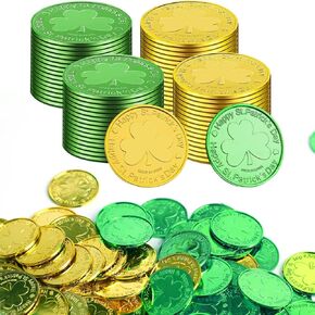 DIYASY St. Patrick's Shamrock Good Luck Coins,144 Pcs Plastic 3-Leaf Clover Coins Green and Gold Pocket Token Charm Coin for St. Patrick's Day Décor