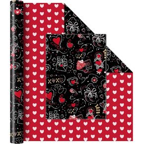WERNNSAI Valentine Wrapping Paper Roll - 1 Roll 17’’ x 33ft Valentines Day Wrapping Paper Black Red Heart Wrapping Paper Valentine Gifts Wrap for Men Women XOXO Design with Cutting Line