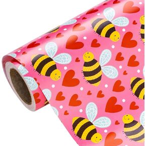 WRAPAHOLIC Valentine's Day Wrapping Paper Roll - 17 Inch x 33 Feet - Sweet Bee and Hearts Design Perfect for Valentine's Day, Wedding, Birthday