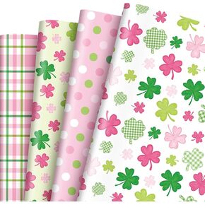 JarThenaAMCS 8 Sheets St. Patrick's Day Shamrock Wrapping Paper - Not Roll - Pink Green Clover Plaid Polka Dots Gift Wrap Paper Folded Flat for DIY Crafts Irish Holiday, 19.7 x 27.6 Inch