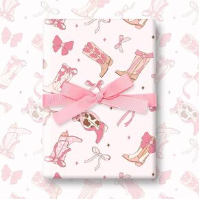 FYSUIMU 6 Sheets Cowgirl Wrapping Paper - Not Roll - Pink Bow Cowgirl Boots Gift Wrap Paper Folded Flat for Western Party Birthday DIY Crafts, 19.7 x 27.6 Inch