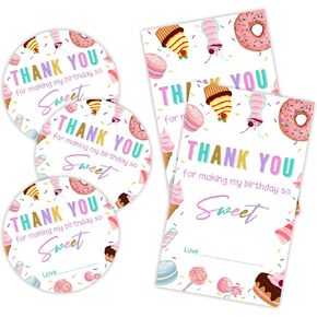 40 Pcs Sweet Party Stickers Set -Thank You For Making My Birthday So Sweet - 20 Round Stickers & 20 Adhesive Ice Cream Cupcake Donut Tags For Gift Wrapping, Envelope Seals, Party Favor & Supplies- A03
