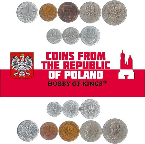 Set of 8 Coins from Poland. 10, 20, 50 GROSZY, 1, 2, 5, 10, 20 ZLOTYCH. 1957-1985 in Saudi Arabia