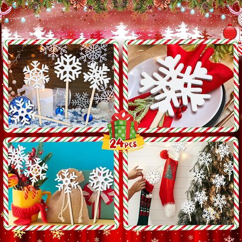 Vicenpal 24 Pcs Snowflakes Decorations Winter Snowflake Picks Wooden Snowflake Decorative Pick Rustic White Snowflake Pick for Floral Arrangements Snowflake Centerpiece for Home Vase Decor Crafts DIY in Kuwait