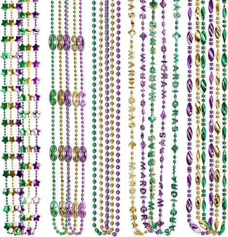 Whaline 24Pcs Mardi Gras Beads Necklace Set Assorted Style Necklace Bundle Metallic Gold Green Purple Jumbo Disco Necklaces for Events Carnival Masquerade Costume Party Supplies, 6 Design in Saudi Arabia