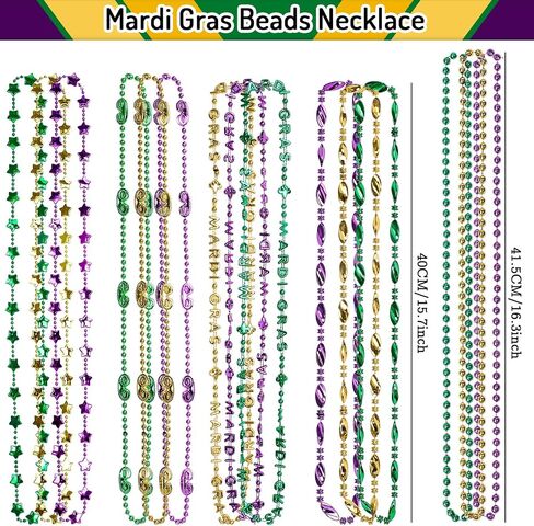 Whaline 24Pcs Mardi Gras Beads Necklace Set Assorted Style Necklace Bundle Metallic Gold Green Purple Jumbo Disco Necklaces for Events Carnival Masquerade Costume Party Supplies, 6 Design in Saudi Arabia