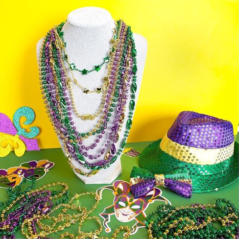 Whaline 24Pcs Mardi Gras Beads Necklace Set Assorted Style Necklace Bundle Metallic Gold Green Purple Jumbo Disco Necklaces for Events Carnival Masquerade Costume Party Supplies, 6 Design in Saudi Arabia