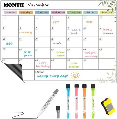 Magnetic Dry Erase Calendar for Refrigerator, Greenery Monthly Calendar Whiteboard Magnetic, Magnetic Planner Board for Fridge with 5 Dry Erase Markers and Large Eraser 17x12 " in Saudi Arabia