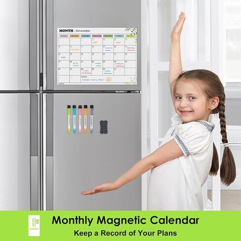 Magnetic Dry Erase Calendar for Refrigerator, Greenery Monthly Calendar Whiteboard Magnetic, Magnetic Planner Board for Fridge with 5 Dry Erase Markers and Large Eraser 17x12 " in Saudi Arabia