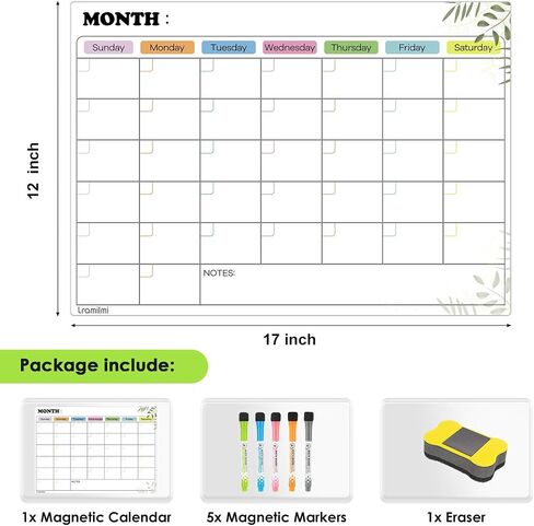 Magnetic Dry Erase Calendar for Refrigerator, Greenery Monthly Calendar Whiteboard Magnetic, Magnetic Planner Board for Fridge with 5 Dry Erase Markers and Large Eraser 17x12 " in Saudi Arabia