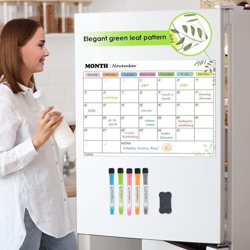 Magnetic Dry Erase Calendar for Refrigerator, Greenery Monthly Calendar Whiteboard Magnetic, Magnetic Planner Board for Fridge with 5 Dry Erase Markers and Large Eraser 17x12 " in Saudi Arabia