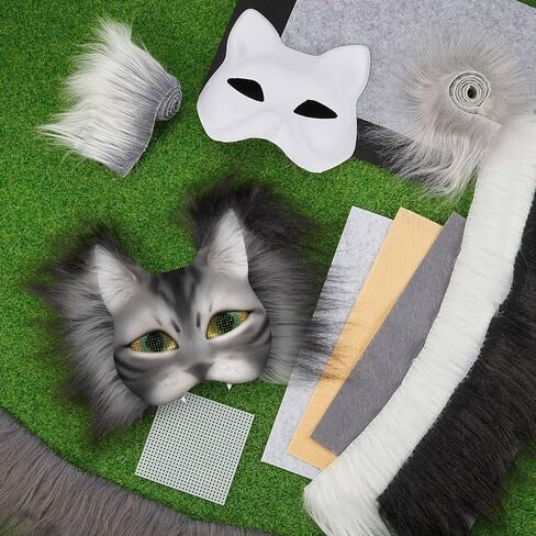 DIY Therian Mask Kit Blank Cat Mask with Felt Fabric Sheet Plush Faux Fur Eye Mesh for Therian Gear Therian Stuff in Kuwait