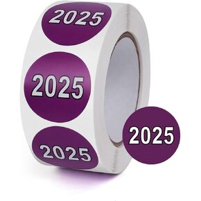 500 PCS Purple 2025 Dot Stickers Roll 1 Inches Round Vinyl Color Coded New Year Labels Self Adhesive Waterproof Bookmarks for File Folders Charts Planner Organization Number Tabs