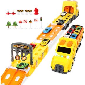 Carrier Truck Race Car Track Set for Toddlers Toys, 4 FT Race Track and 6 Die-Cast Toy Cars, Truck Toy with Lights & Sounds Xmas Gifts for 3 4 5 6 7 8 Years Old Kids Boys Girls (Yellow)