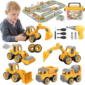 28PCS Take Apart Construction Truck Toys with Puzzle Track Set for Boys 3 4 5 6 7 8 Year Old, STEM Educational Construction Building Toys Gifts for Kids Boys Grils Toddlers Age 3-5 4-6 5-7