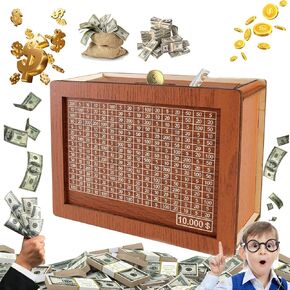 DIY Wooden Piggy Bank للبالغين والأطفال ، صندوق توفير من 1000-10000 دولار مع قفل ، صندوق أموال كبير لتحدي توفير النقود ، بنك آمن خشبي ، صندوق هدايا الأموال المستهدفة (10000)