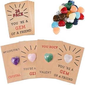 Valentines Day Gem Gifts for Kids - 24 Pack Valentines Cards with Heart-Shape Crystal Stones,Valentines Day Gifts for Kids, Card Gift for Boys Girls School Party Favor