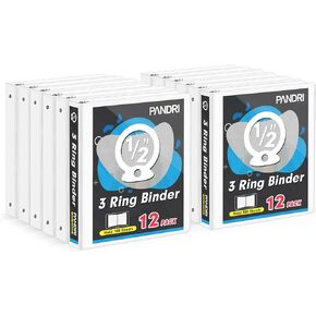 3 Ring Binder 0.5 Inch, PANDRI 12 Pack 0.5-Inch Binder Fits Letter Size 8.5'' x 11'' Paper, Versatile Binders for Office Home School, 2 Pockets, White