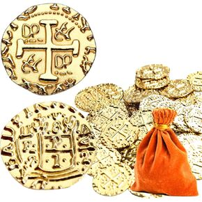 35 Metal Pirate Coins Gold, v2croft Gold Treasure Coin Set, Metal Replica Spanish Doubloons for Board Games Tokens, Kids Cosplay Pirate Party Treasure Chest Coin (1.18'')