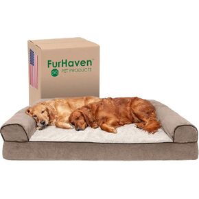 Furhaven Orthopedic Dog Bed for Large Dogs w/ Removable Bolsters & Washable Cover, For Dogs Up to 125 lbs - Sherpa & Chenille Sofa - Cream, Jumbo Plus/XXL